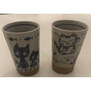2  Mino ware Japanese Yunomi Chawan Long Tea Cup Cat Family Beige Blue Japan